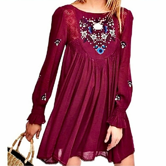 Free People Dresses & Skirts - Free People Mojave Embroidered Plum Bohemian Dress